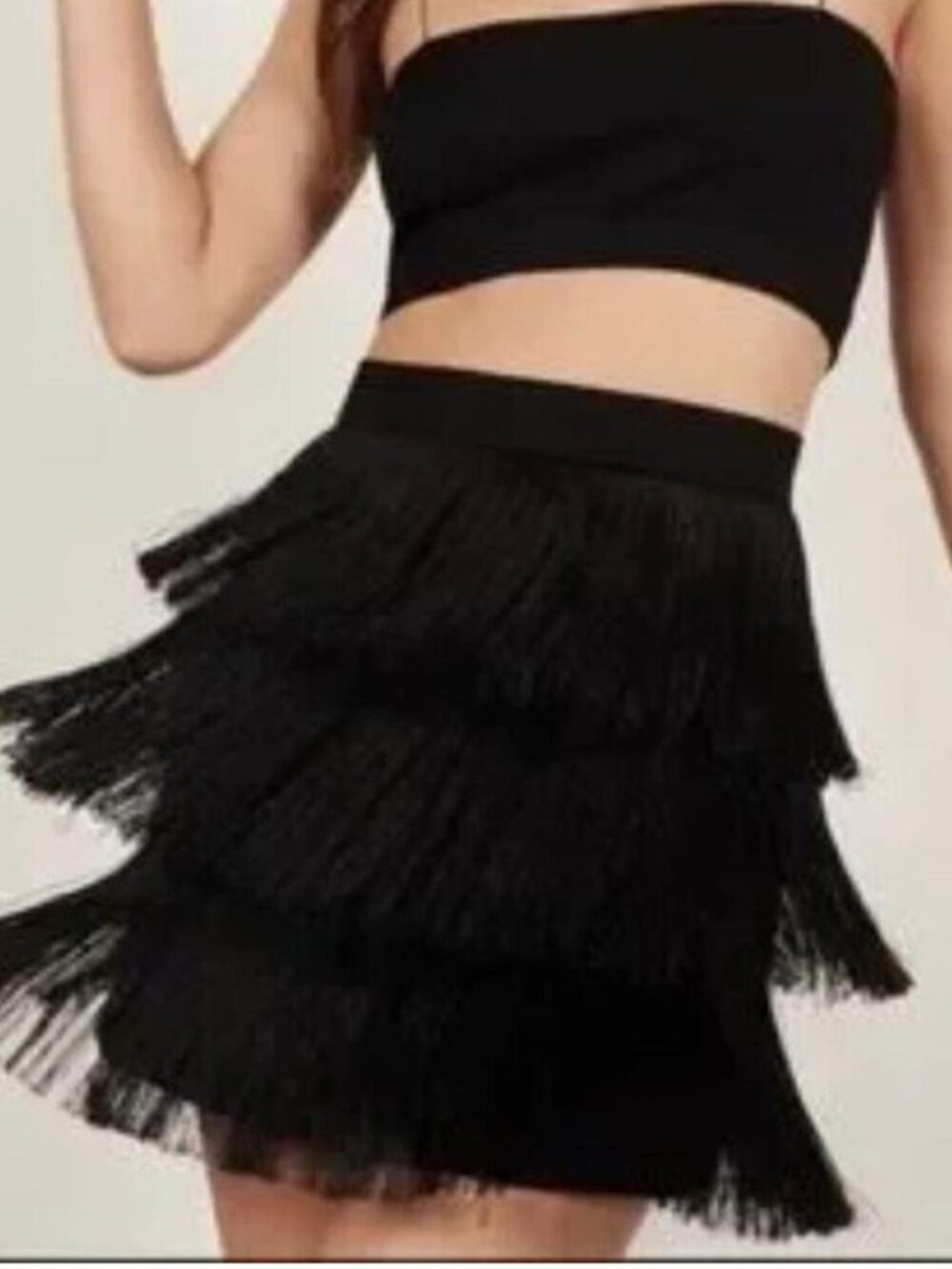 Lauren‎ Ralph Lauren Black Tiered Fringe Miniskirt Sz 8P Boho Festival Flapper